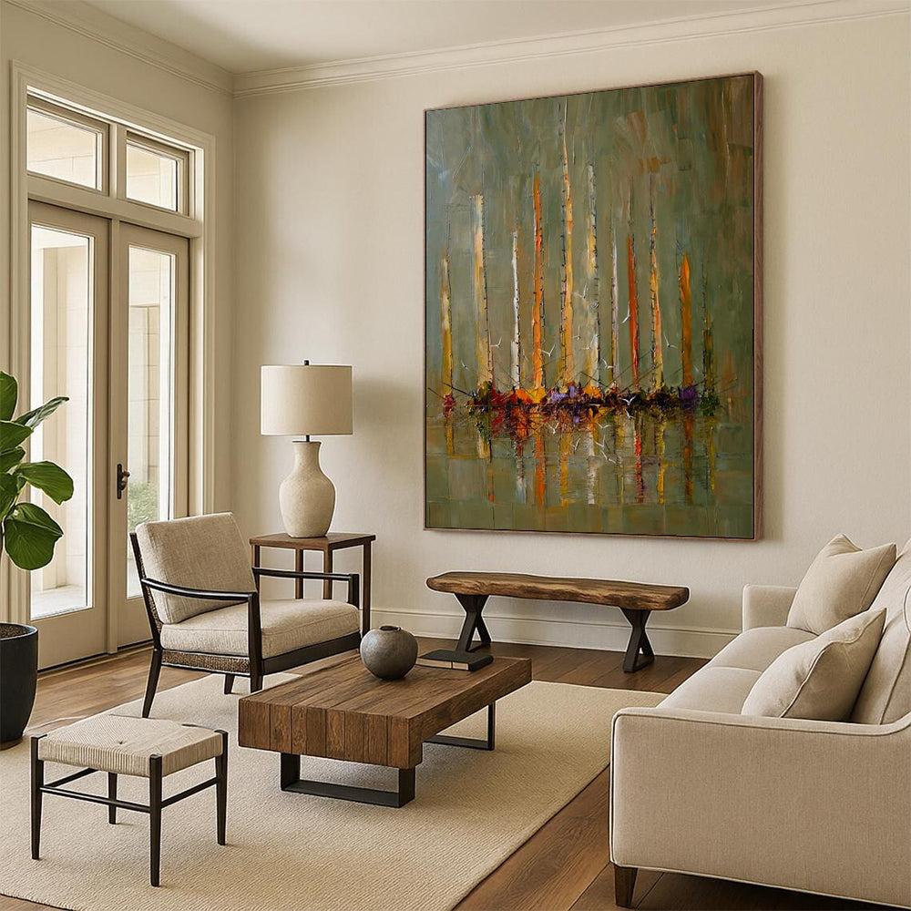 “Green, Orange, Yellow Sailboats ‘Harbor Harmony’” - Impasto Boat & Sea Painting On Canvas DTP330