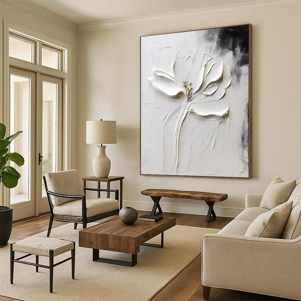 “Sculpted White Flower” - Black & White Floral Painting On Canvas CT2217