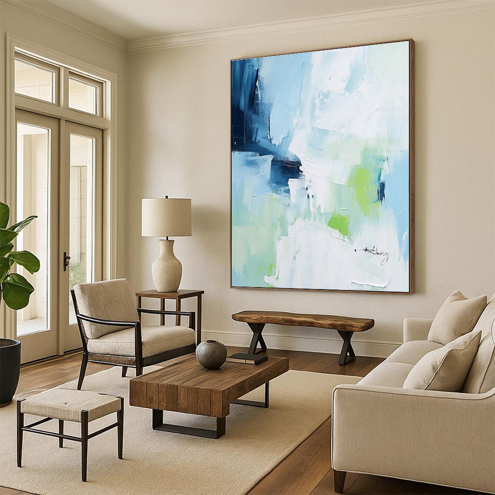 Blue, Green & White Abstract Strokes, “Fresh Breeze” - Impasto Abstract Painting CT0769