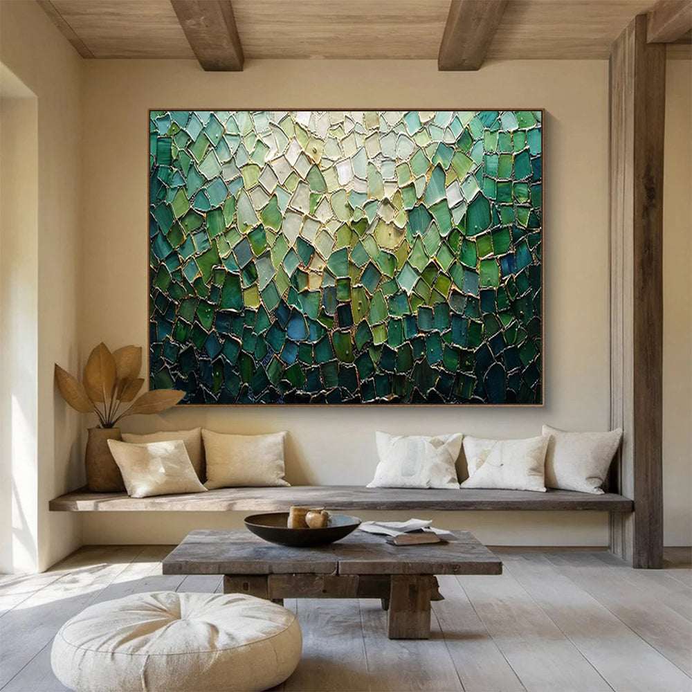 “Green Mosaic Glass” - Green, Blue, Gold Mosaic Artwork On Canvas DKH759
