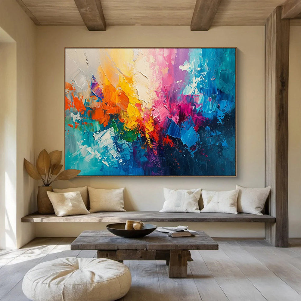 “Vibrant, Textured Abstract ‘Rainbow Energy Burst’” - Impasto Abstract Painting On Canvas DLZ049