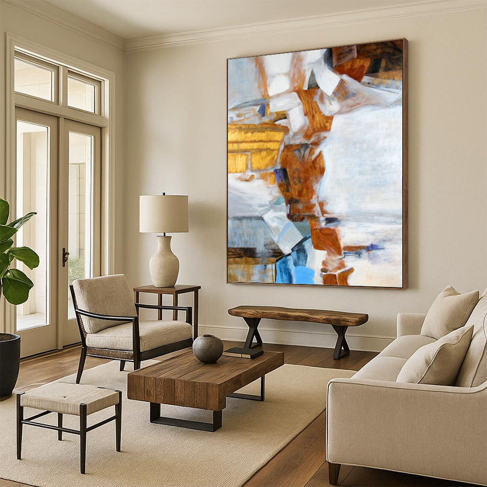 “Geometric Collage in Warm Tones” - Brown, White & Blue Cubist - Style Painting On Canvas DKH0937