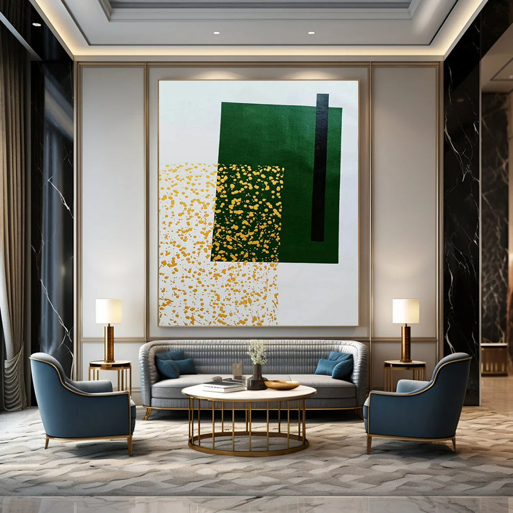 Green, Black & Gold Specks - Abstract Minimalist Acrylic On Canvas CT1328
