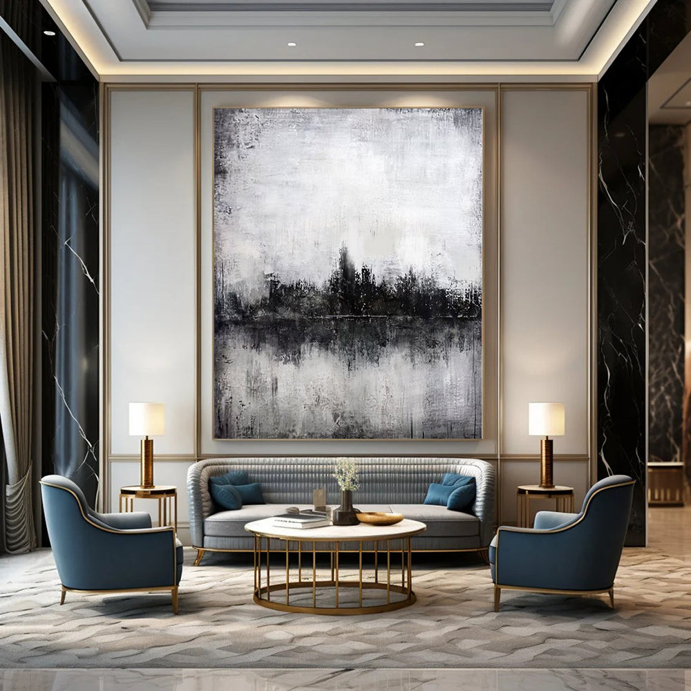 “Moody Black - White Cityscape Reflection” – Abstract Landscape Painting CT1090