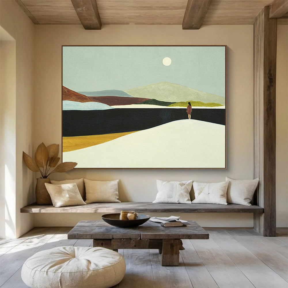 “Moonlit Wanderer” - Green, Brown, White Minimalist Landscape Painting On Canvas DKH739