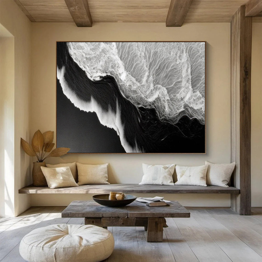 “Black - White Ocean Wave Abstraction” Abstract Seascape Painting On Canvas DLZ075