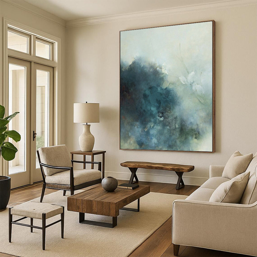 “Soft Blue - Gray Floral Mist” - Blue, Gray & White Abstract Flower Painting On Canvas DKH0948