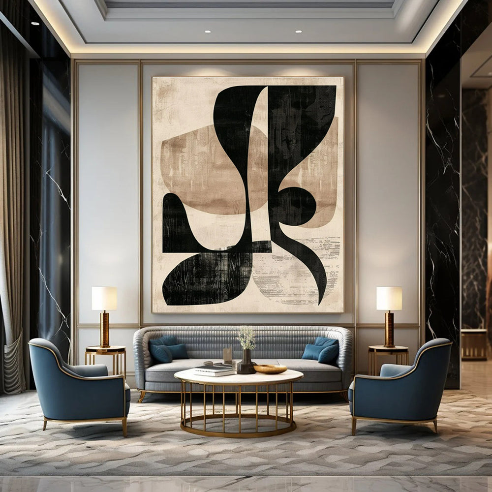 Beige - Black Abstract Shapes - Modern Abstract Collage - like Painting CT1420