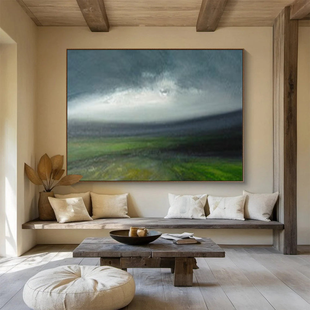 “Green, Gray, Blue Landscape ‘Moody Horizon’” - Abstract Landscape Painting On Canvas DLZ005