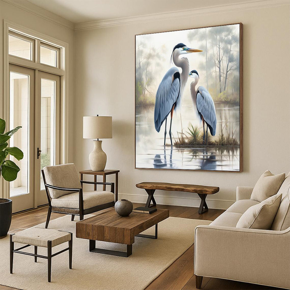 Blue Herons in Misty Marsh - Realistic Wildlife Painting On Canvas DKH1400