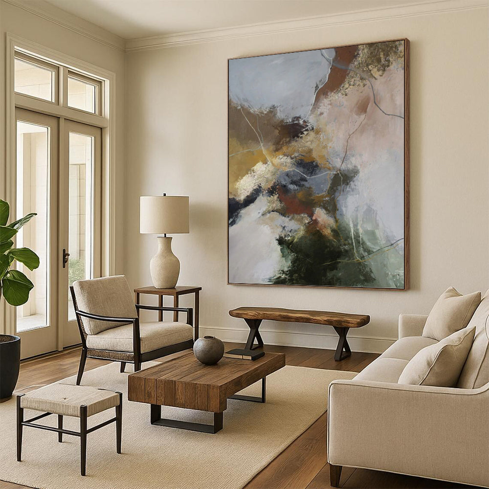 “Earth - Toned Abstract Mix” - Brown, Gold, Green & Gray Expressionistic Painting On Canvas DKH1004