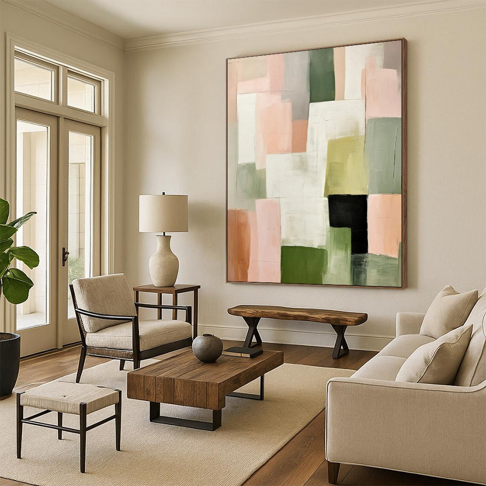 Neutral & Green Geometric Blocks - Modernist Geometry - Based Painting On Canvas CT2260