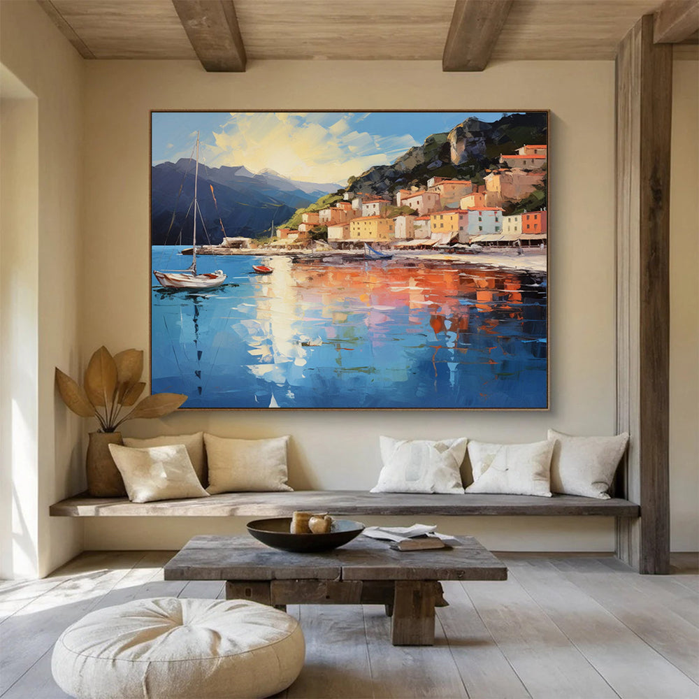 Coastal Village - Bright Blue & Warm Orange Impressionistic Town Painting On Canvas DKH877