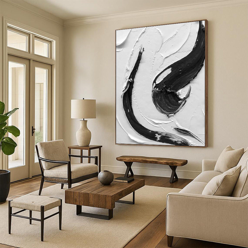 “Black, White Textured Swirls ‘Dynamic Balance’” - Impasto Abstract Painting On Canvas DTP377