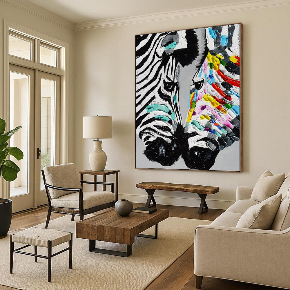 “Colorful Stripes” - Black, White & Colorful Textured Zebra Painting On Canvas DKH1545