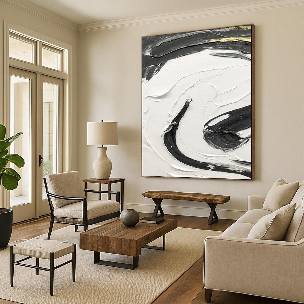 “Black, White, Gold Textured Swirls ‘Opulent Energy’” - Impasto Abstract Painting On Canvas DTP378