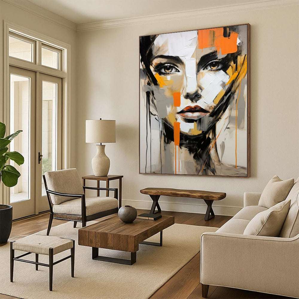 “Abstract Face” - Gray, Orange & Black Portrait Painting On Canvas CT2215