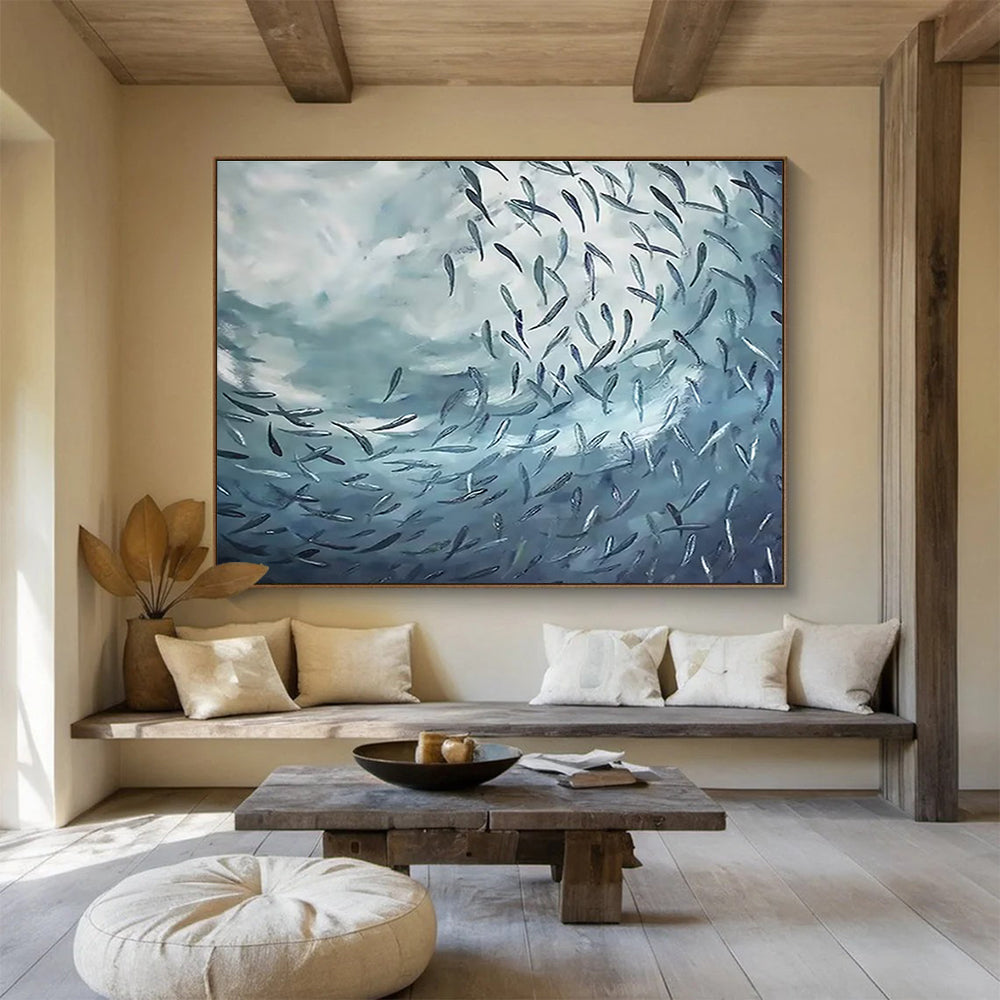 “School of Fish in Blue Depths” - Expressive Marine Painting On Canvas DKH792