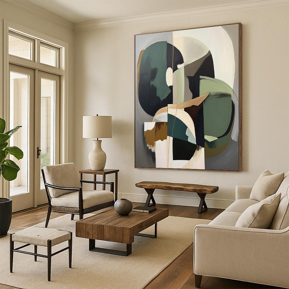 Geometric Shapes in Earth & Green, “Balanced Abstraction” - Abstract Geometric Acrylic Painting CT0739