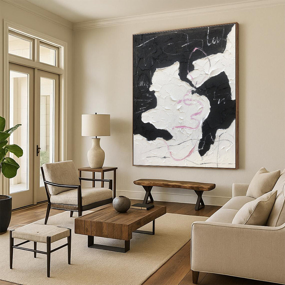 Black, White & Pink Textured Forms, “Playful Chaos” - Impasto Abstract Painting CT0773