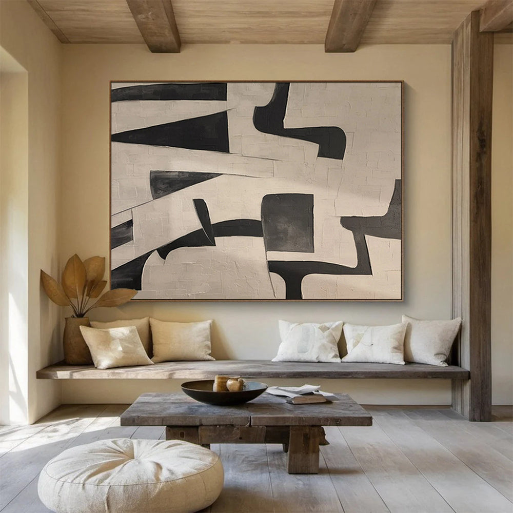 Black and White Geometric Abstract “Bold Geometric Contrast” Painting On Canvas DKH085