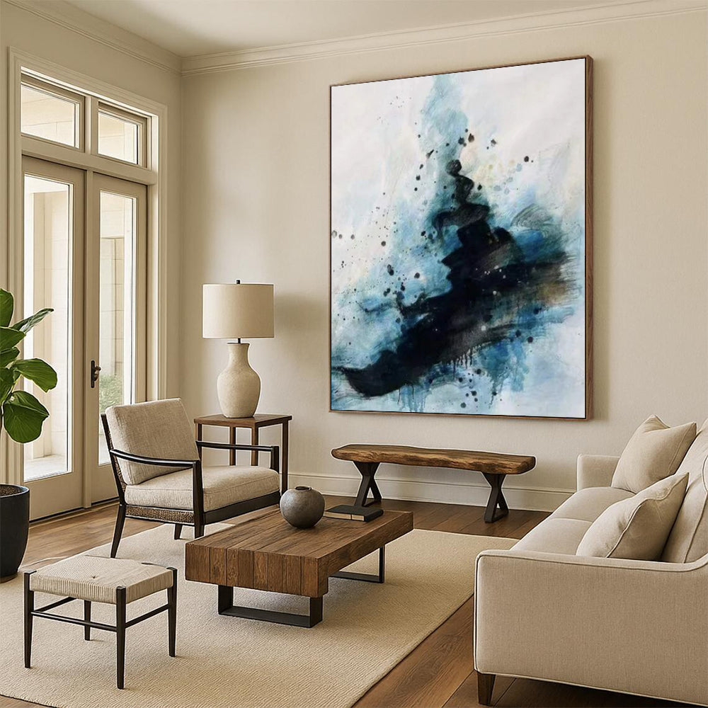 Black, Blue & White Splattered Ink Vibe - Abstract Painting On Canvas CT2306