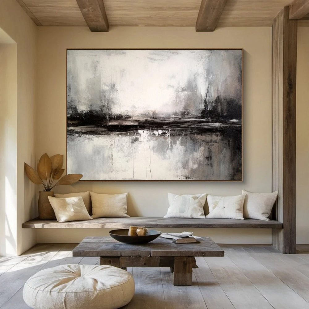 Black and White Abstract Landscape “Moody Monochrome Horizon” Painting On Canvas DKH153