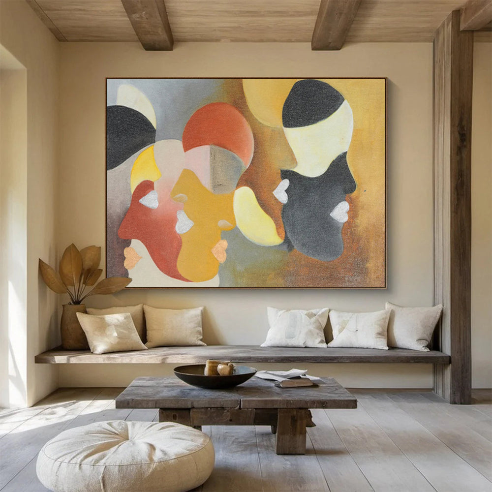 “Geometric Faces in Muted Hues - Reds, Yellows, and Blacks” Painting On Canvas DKH003