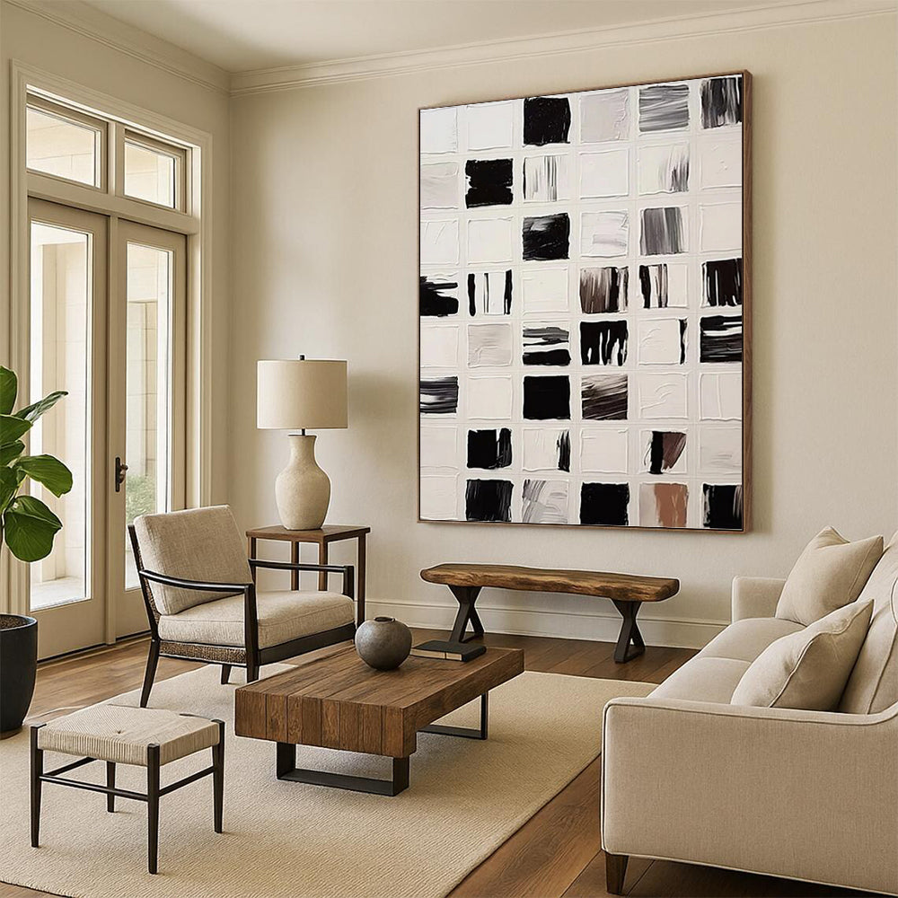 “Black and White Square Abstract - Microcosm of Color” Painting On Canvas DKH1133