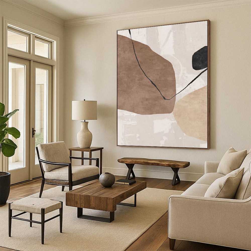 “Earth Tones Link” - Brown, Beige & Black Minimalist Shapes Painting On Canvas DKH1519