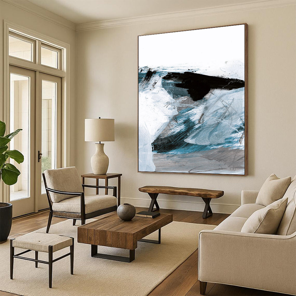 “Dynamic Blue Abstract Waves” - Blue, White, Black Abstract Painting On Canvas DTP220