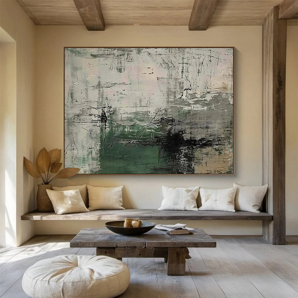 Gray and Green Abstract “Industrial Textured Abstraction” Painting On Canvas DKH151