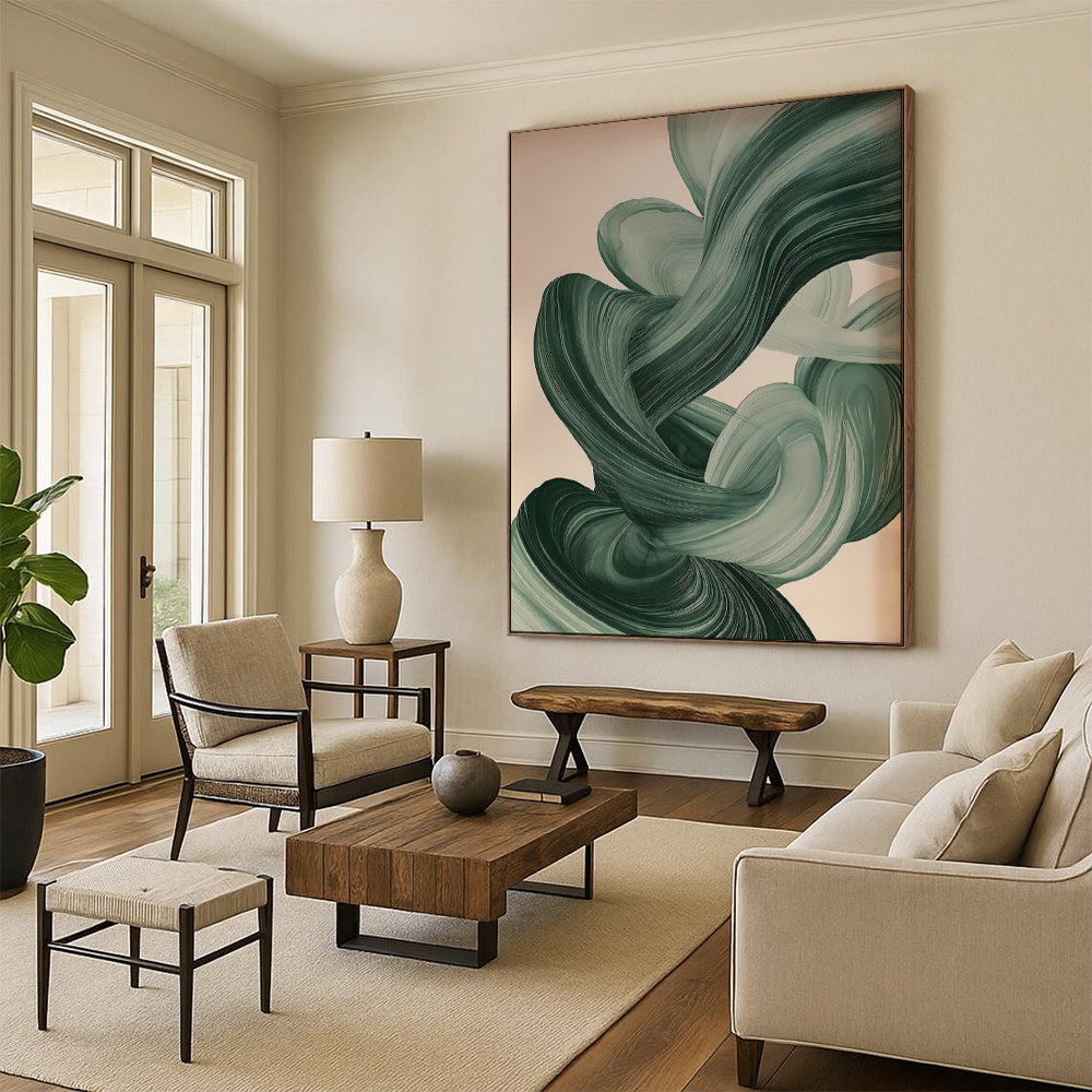 “Swirling Greens Abstract Ribbons” - Modern Abstract Acrylic Art CT1928