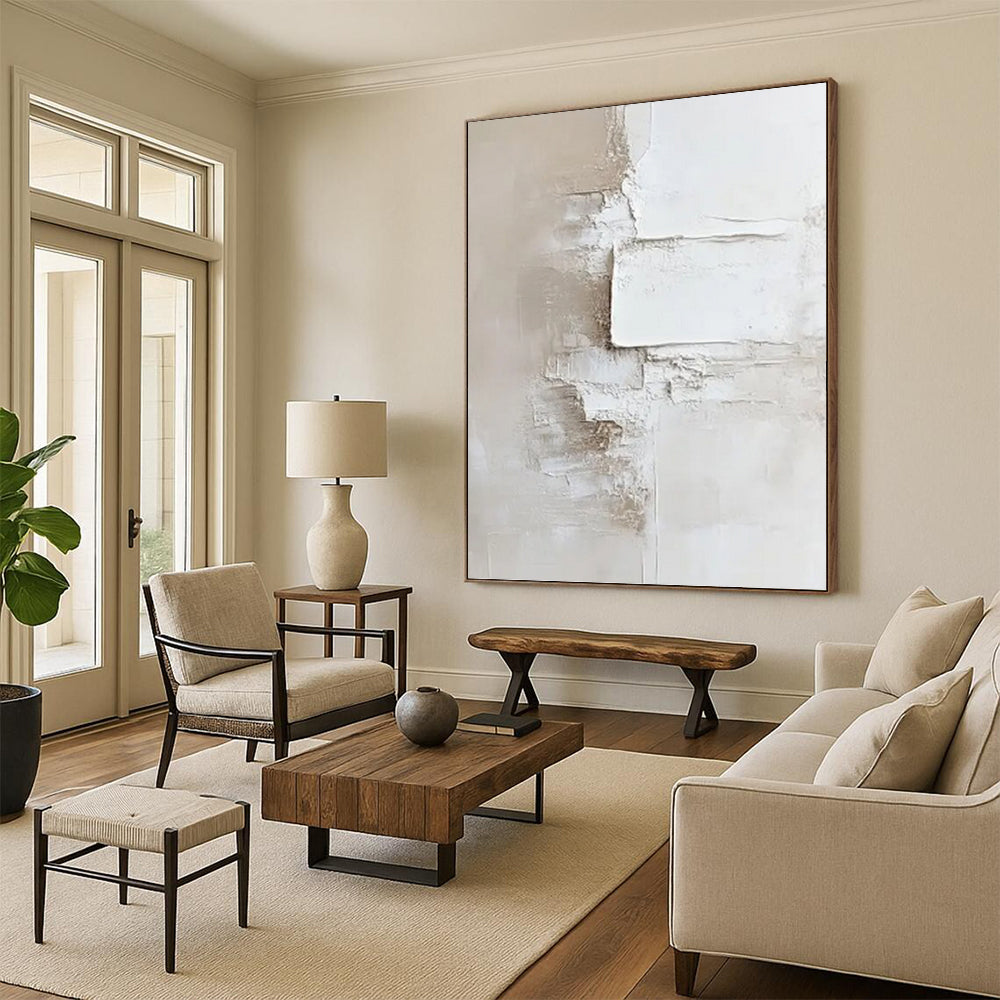 “White & Beige Layered Plaster Abstract” Painting On Canvas DKH0978