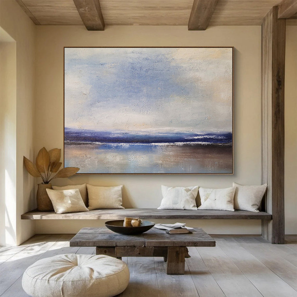 “Blue, White, Minimalist Shore ‘Quiet Beach Reflection’” - Minimalist Seascape Painting On Canvas DLZ037