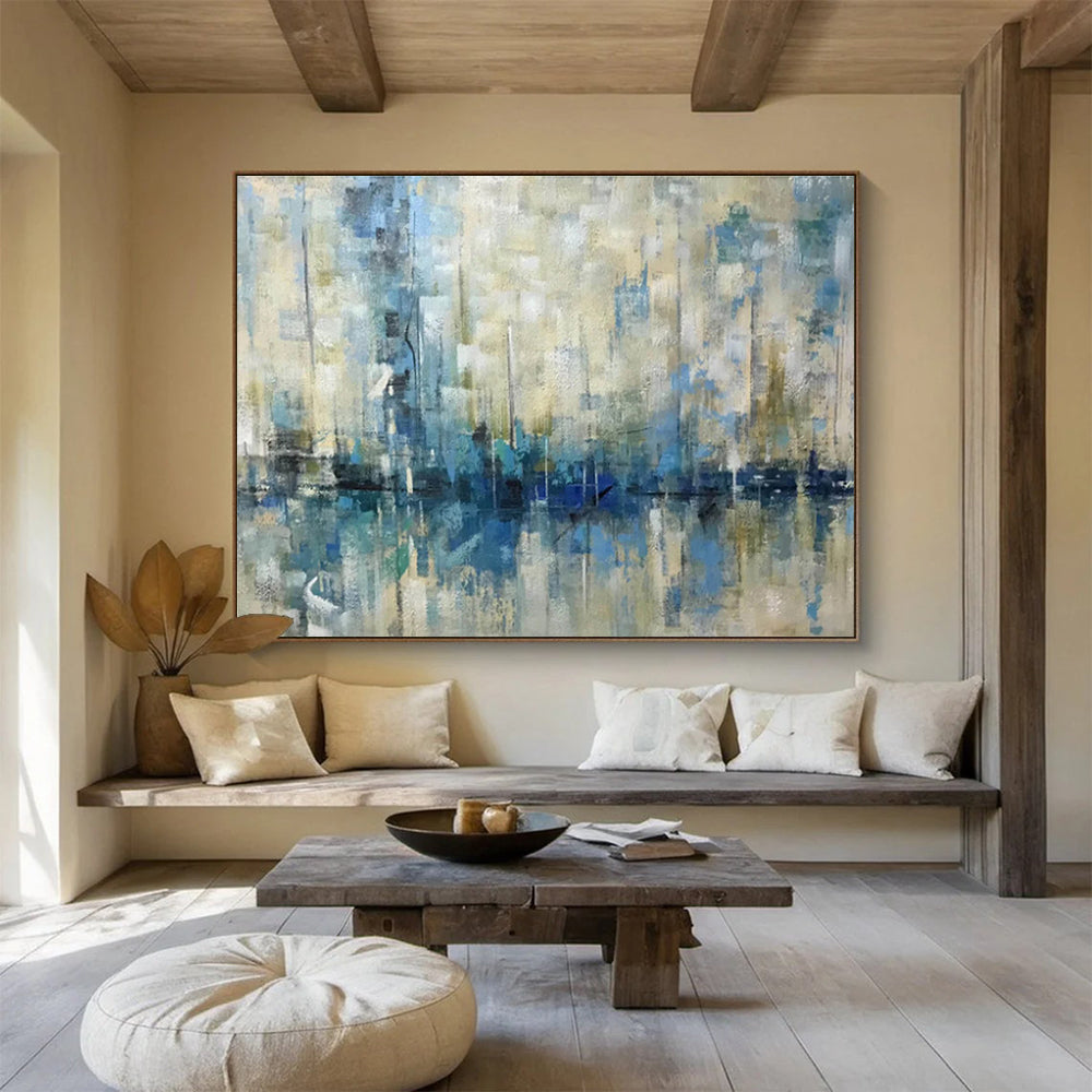 “Blue and Beige Abstract Marina” Painting On Canvas DKH166