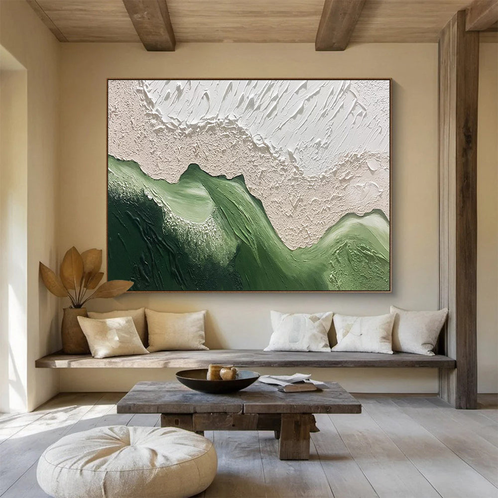 Abstract Green Mountains - Beige & Green Textured Landscape Painting On Canvas DKH874