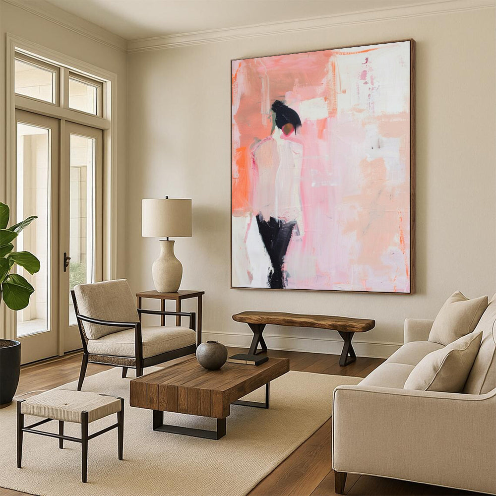 “Minimalist Figure in Pink” - Pink & Black Abstract Figure Painting On Canvas CT2205