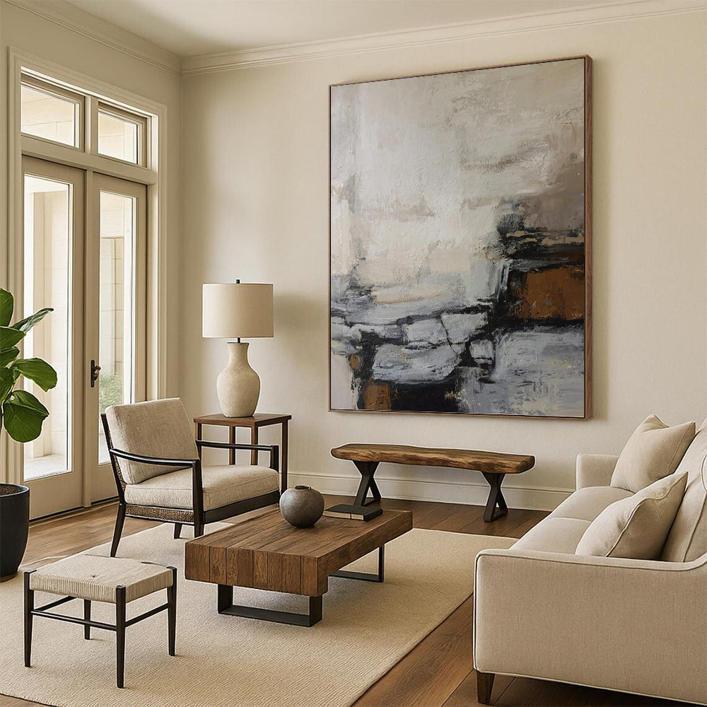“Neutral Tonal Abstract” - Beige, Gray & Brown Expressionistic Painting On Canvas DKH1007