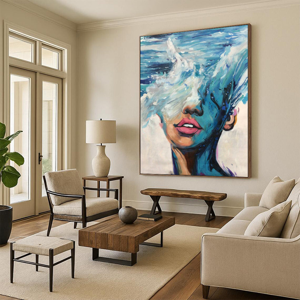 “Blue, White, Pink Ocean Face ‘Sea of Self’” - Impasto Figurative Painting On Canvas DTP347