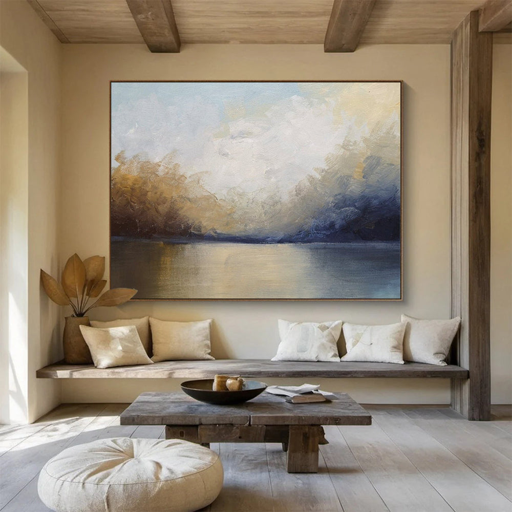 “Blue, Gold, Gray Lakeside ‘Tranquil Dusk’” - Abstract Landscape Painting On Canvas DLZ009