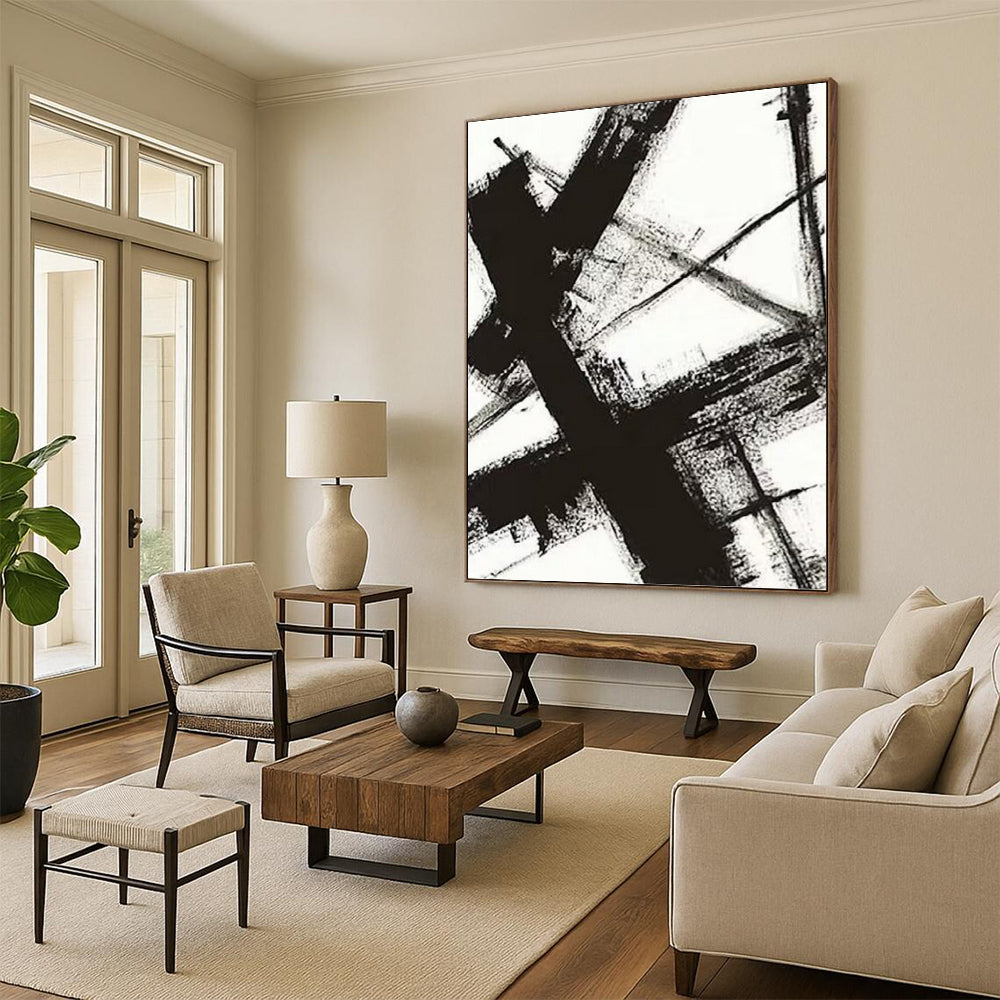 “Black & White Abstract Strokes” - Black & White Bold Minimalist Painting On Canvas DKH1028