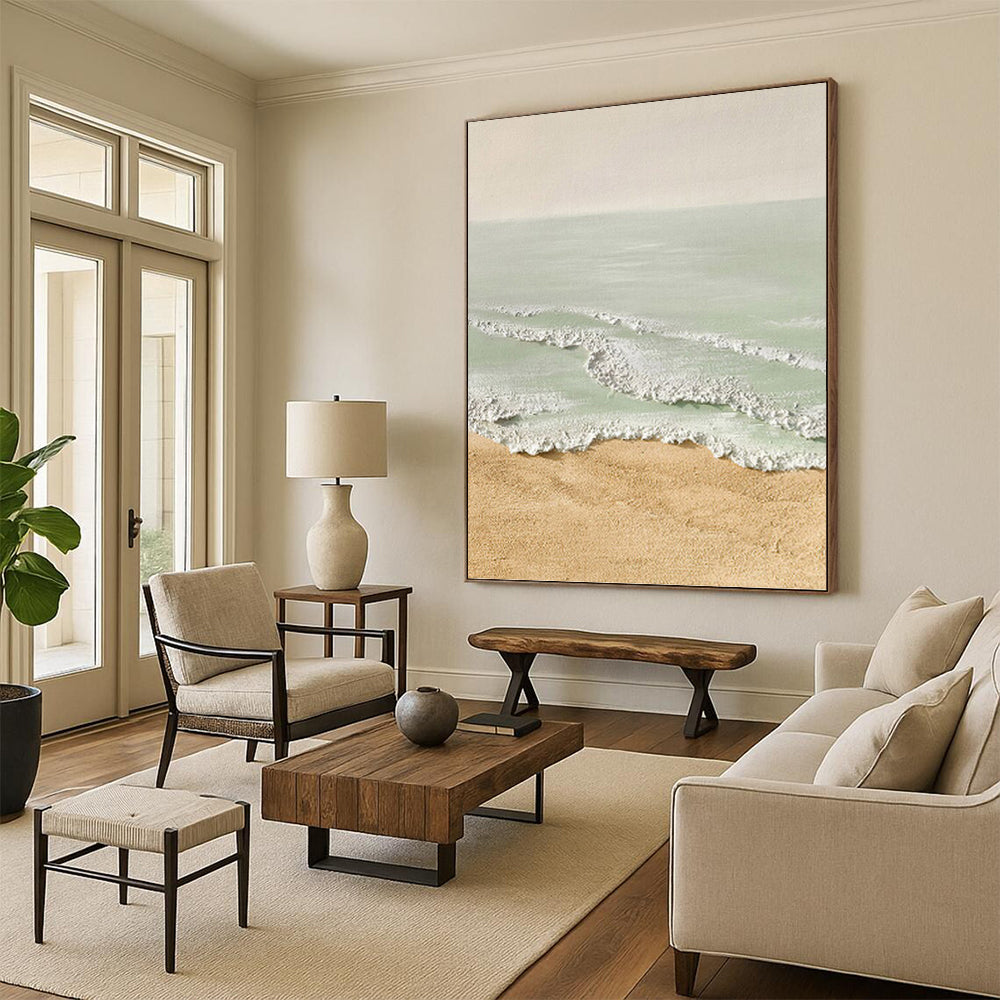 Textured Beach Scene in Beige and Green - Landscape Painting On Canvas DKH1489