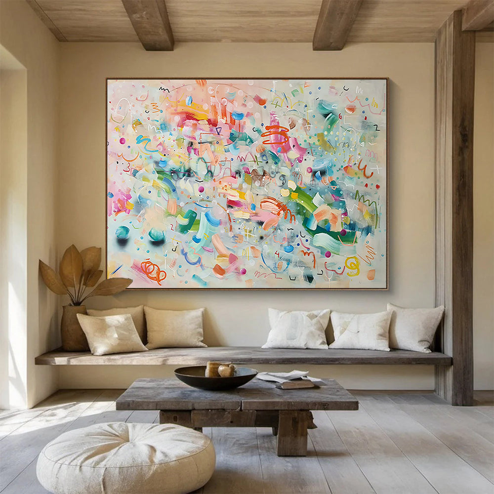 Whimsical Abstract Doodles - Colorful Marks and Playful Symbols Painting On Canvas DKH059