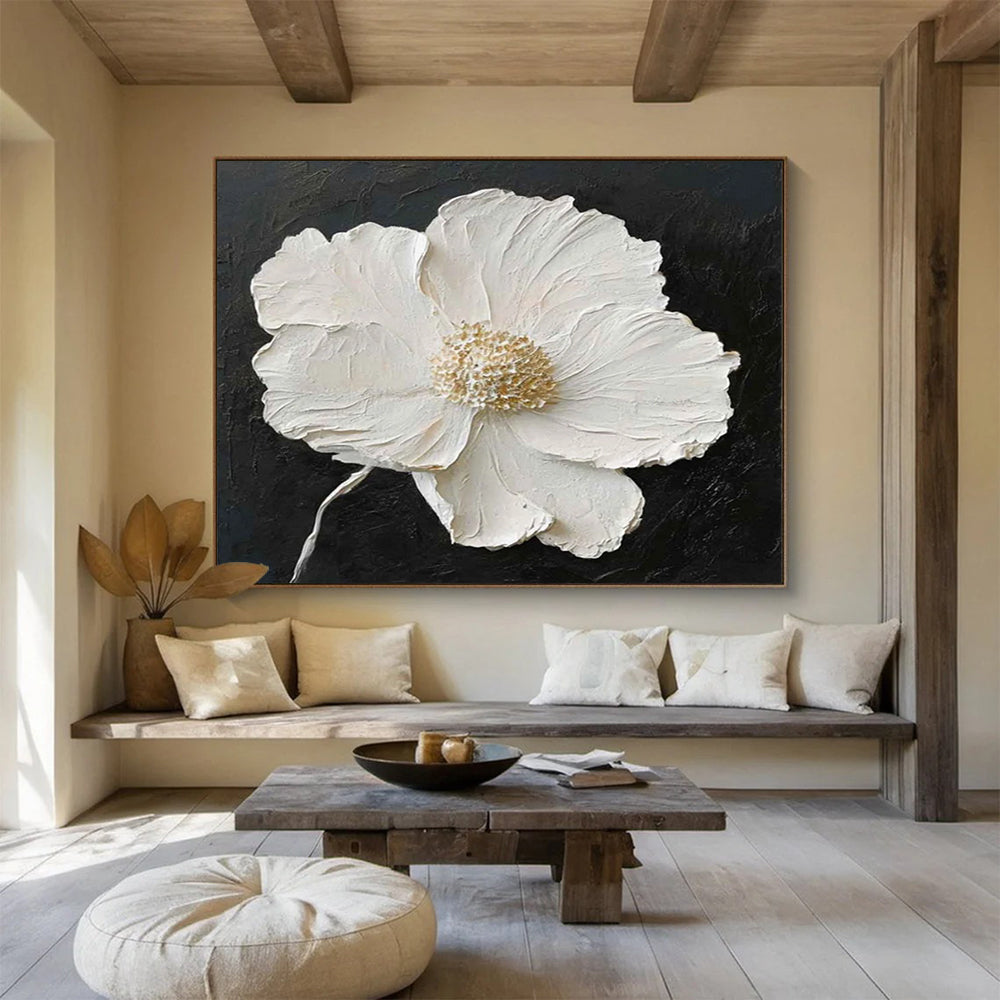“Textured White Flower on Black” 3D Floral Painting On Canvas DLZ091