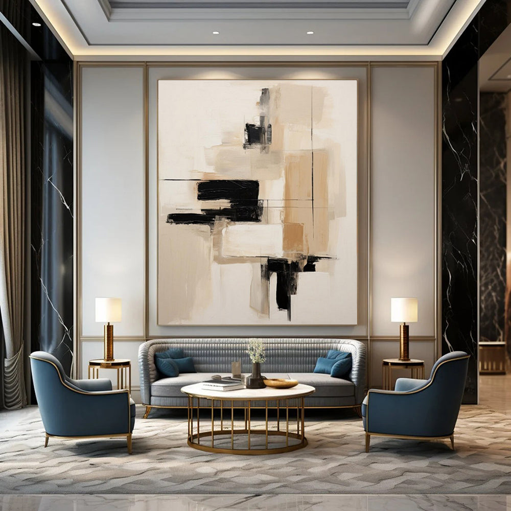 Neutral Tones with Black Blocks - Minimalist Abstract Acrylic On Canvas CT1296