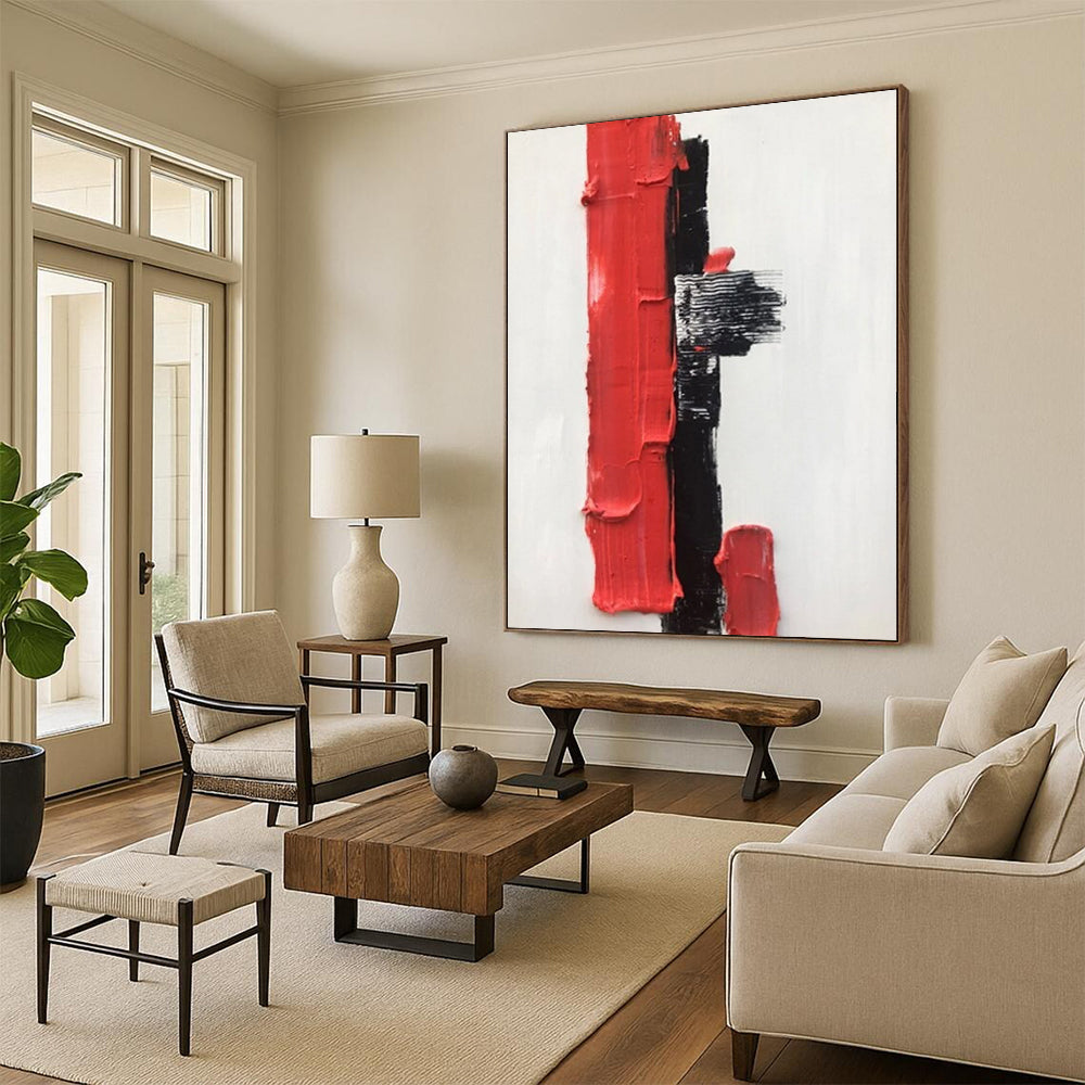 “White, Black, Red Textured Blocks ‘Bold Simplicity’” - Impasto Abstract Painting On Canvas DTP390
