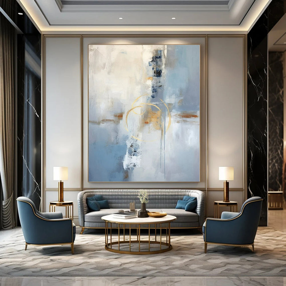Soft Blue & Gold Abstraction - Abstract Expressionist Acrylic On Canvas CT1333