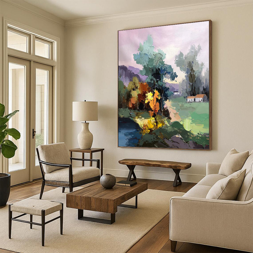 Colorful Village in Pastel Hues - Impressionistic Landscape Painting On Canvas DKH1289