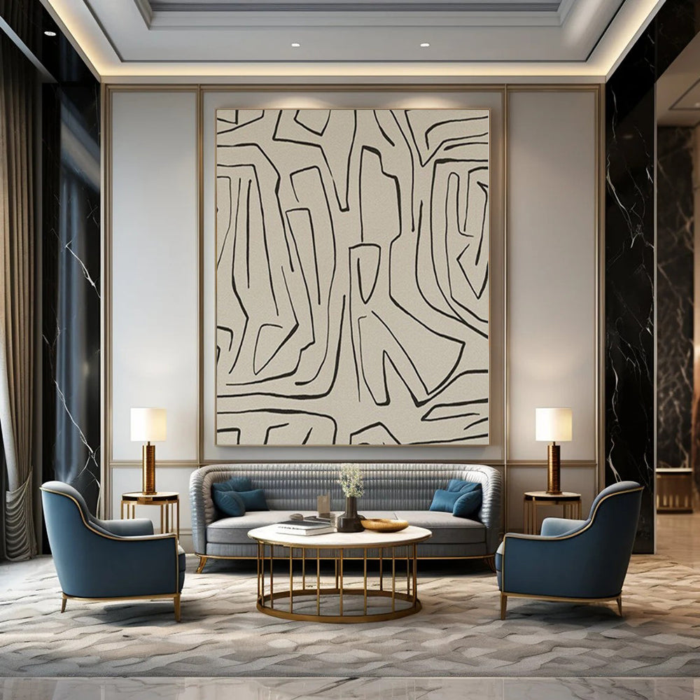 “Beige - Black Linear Abstraction” – Linear Abstract Painting CT1139